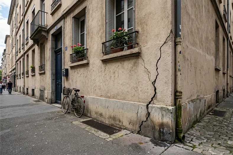 bâtiment humide fissuré