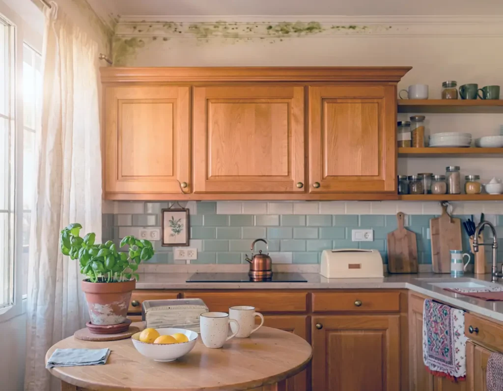cuisine avec moisissure en haut des murs
