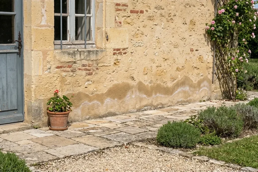 bas de mur extérieur avec remontées capillaires