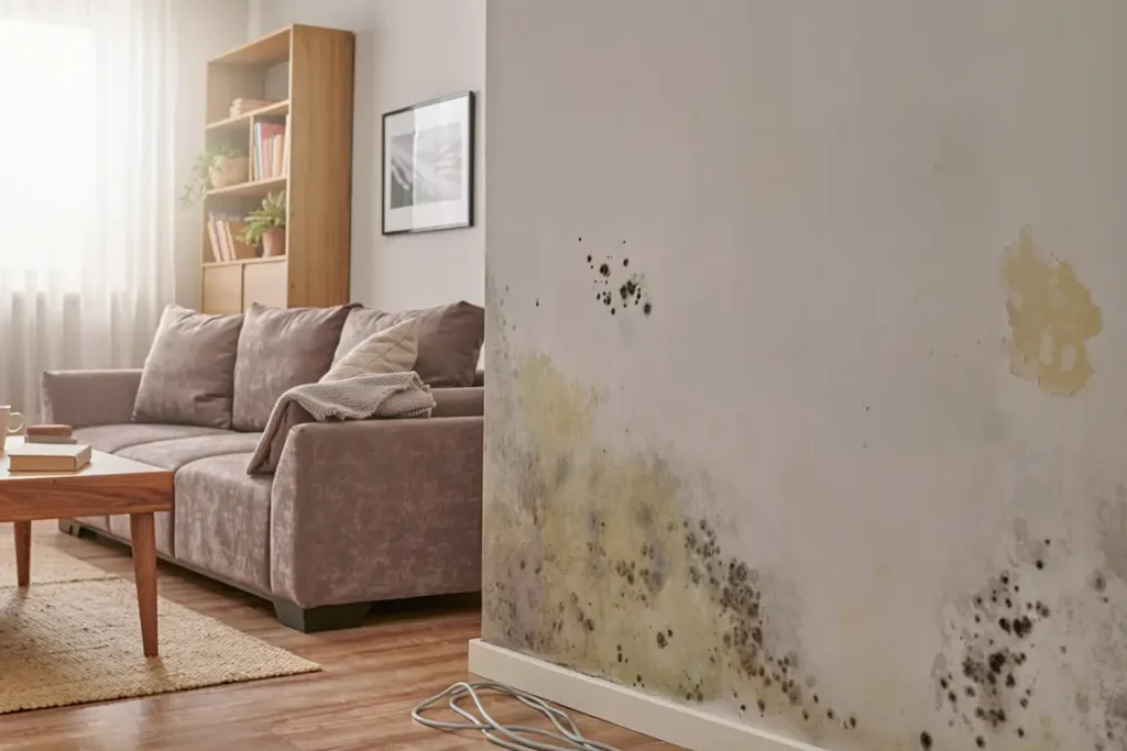 mur salon humide avec moisissure