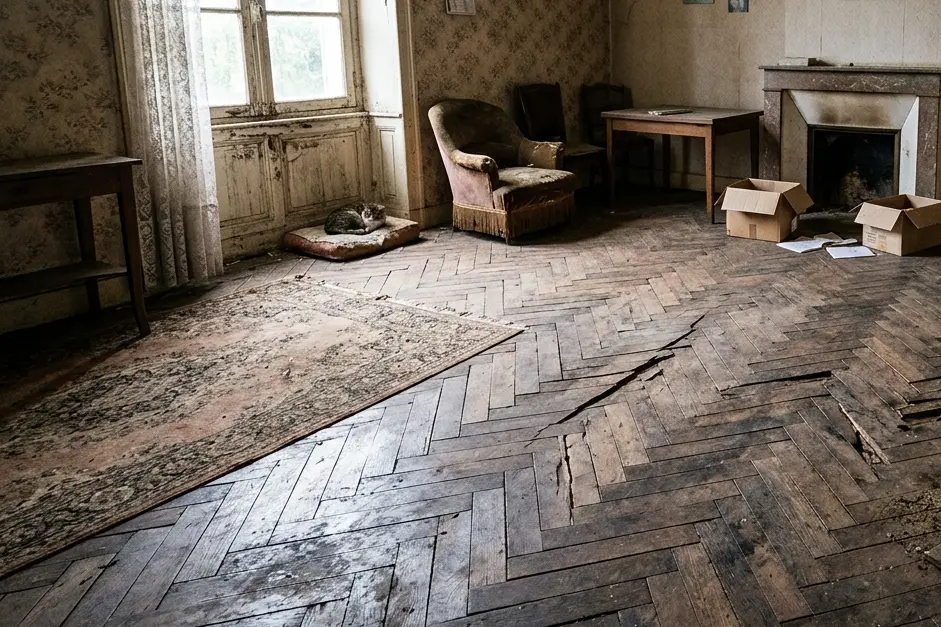 parquet d'un appartement abimé par l'humidité