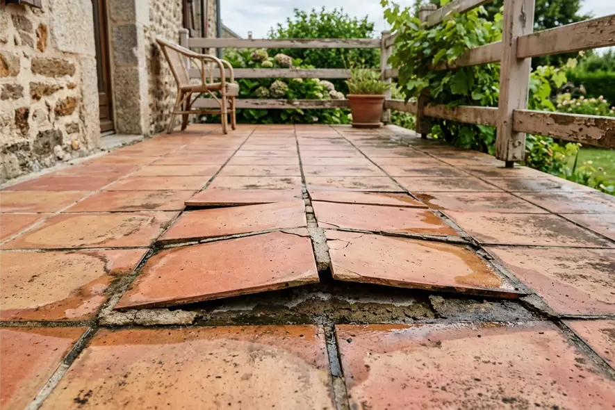 terrasse en carrelage humide