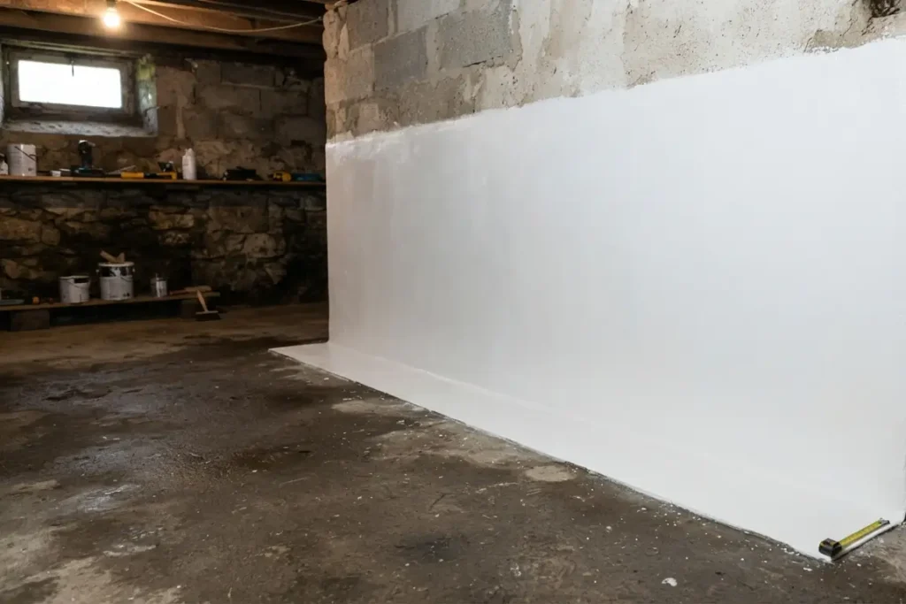 Cuvelage cave sur un mur infiltré d'eau